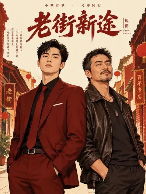 短剧《认下混混老爹，我一路青云》竖版推荐封面，两位男性主角在街巷中并肩
