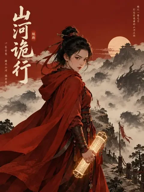 短剧《万妖图录传》竖版推荐封面，女主角持卷立于山道