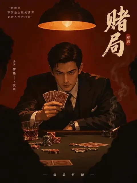 短剧《掀桌2以身入局》竖版推荐封面，牌桌上的悬疑对峙场面