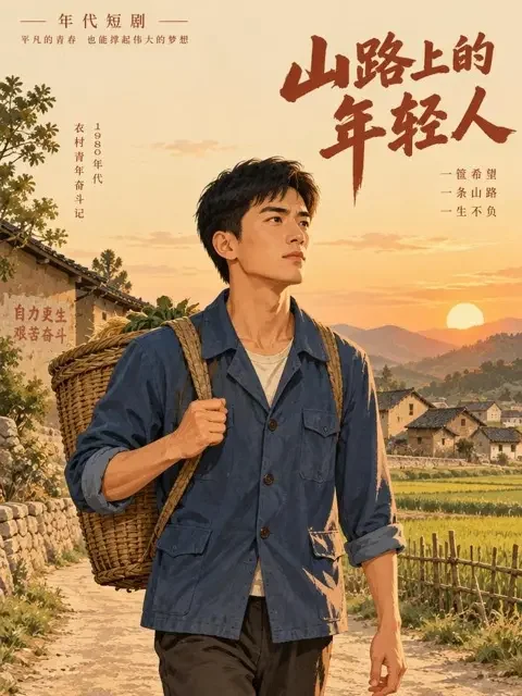 短剧《重回1988，我从倒货开始养家致富》竖版推荐封面，年代乡间路上挑担的男主角