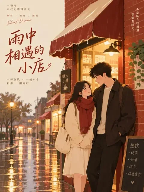 短剧《下雨天》竖版推荐封面，两人在雨夜的屋檐下避雨