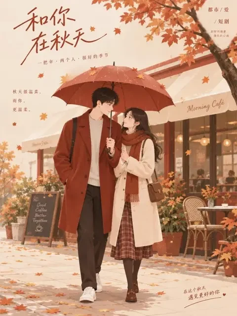 短剧《情有独钟》竖版推荐封面，男女主角在秋日街边共撑一把伞