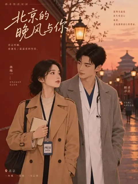 短剧《京夜诱温》竖版推荐封面，记者与医生在黄昏的北京街头